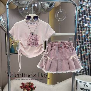 新款 2026卡通印花抽绳短袖 韩版 套装 T恤牛仔短裙2件套 修身 女童夏季