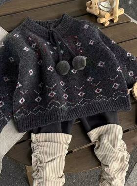 可爱菱格毛衣！童装 2025冬季新款女童百搭毛球圆领针织衫31509