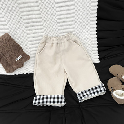 宝宝一体绒裤子秋冬款男女童洋气拼接格子宽松直筒裤加厚保暖长裤