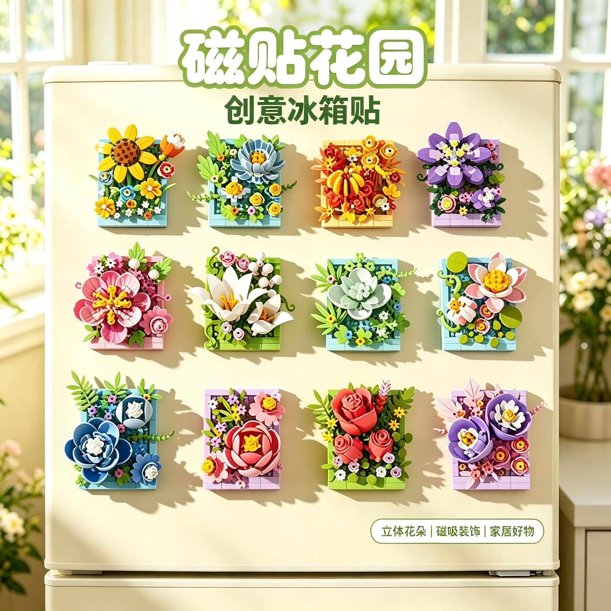 花卉积木冰箱贴磁力拼装创意网红ins风玩具6磁吸摆件文化创意礼物