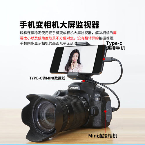 适用于佳能5D2 5D3 500D 600D 750D 70D 80D数据线手机转相机OTG对拷线取景器变大屏监视器图片直播760D