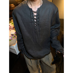 自制 STUDIO 来自衬衫 松弛感 ESC 系带亚麻亨利领衬衫 MAN