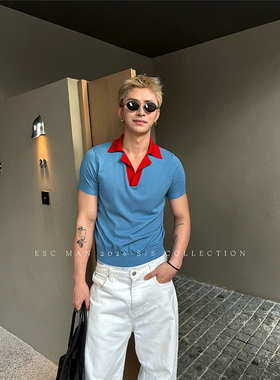 ESC MAN STUDIO/夏季休闲冰丝短袖T恤上衣 翻领拼色polo衫短tee