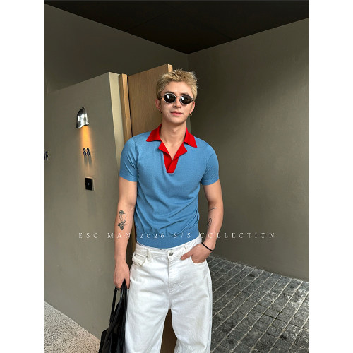 ESC MAN STUDIO/夏季休闲冰丝短袖T恤上衣 翻领拼色polo衫短tee
