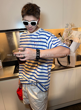 ESC MAN STUDIO/宝珊廓型舒棉条纹涂鸦细节圆领条纹上衣短袖T恤