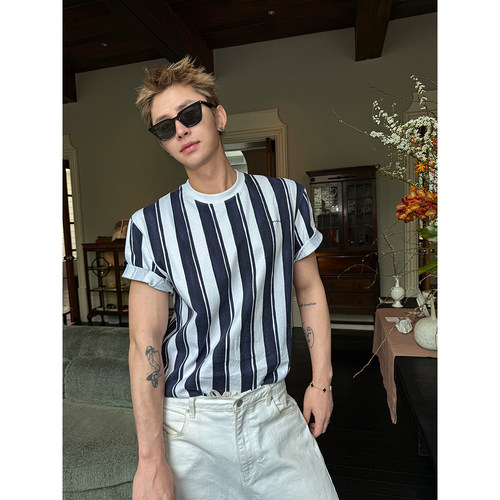 ESC MAN STUDIO/自制 圆领竖条纹黑白撞色短袖T恤休闲短tee上衣