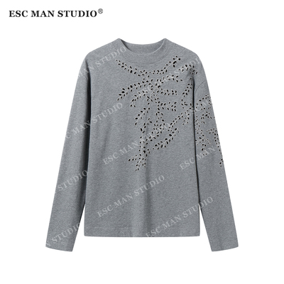 ESC MAN STUDIO/自制 前后双面花藤镂空休闲宽松长袖圆领T恤