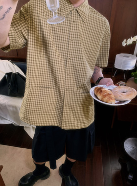 ESC MAN STUDIO/自制 复古永不过时　柑黄色短袖小格子衬衫