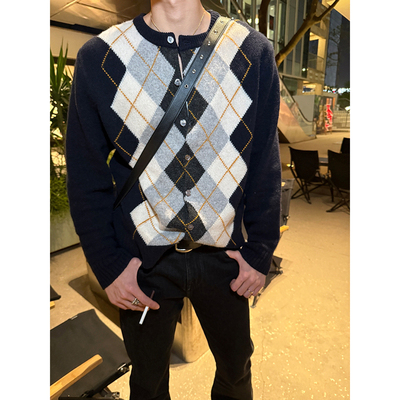 ESC MAN STUDIO/自制 高级感100羊毛菱形格针织开衫毛衣休闲外套