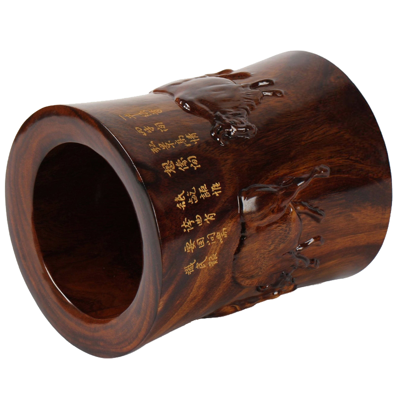 红木工艺品笔筒 实木雕刻生肖牛 东阳仿古五牛图木质