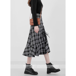 2025春秋高腰复古格子裙女半身裙荷叶边中长款不规则抽绳大摆长裙