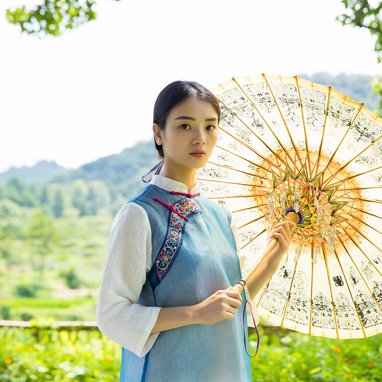 吾土吾生马尾绣斜襟女士春夏季七分袖长旗袍蓝染真丝麻连衣裙包邮