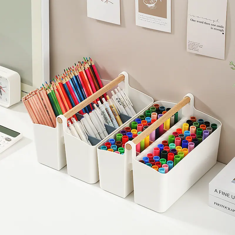 可叠加马克笔收纳盒子式大容量文具盒木质手提笔盒桌面工具箱笔筒