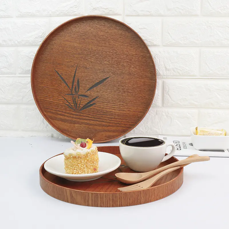 圆形茶盘茶色木果盘酒店家用木质