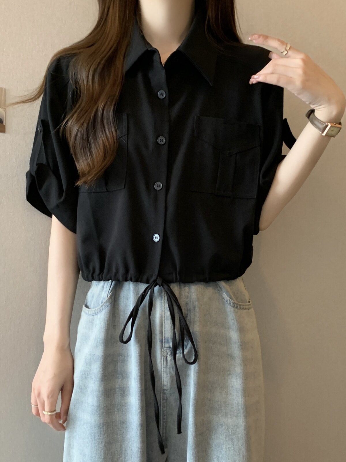 독특하고 독특한 폴로 칼라 오른쪽 어깨 여성용 반팔 셔츠 여름 플러스 사이즈 지방 MM 드로스트링 허리 작업복 짧은 탑