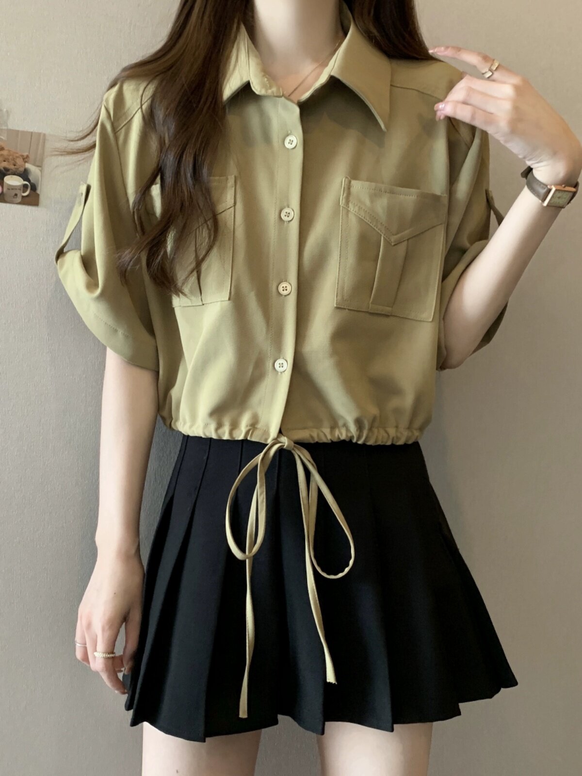 독특하고 독특한 폴로 칼라 오른쪽 어깨 여성용 반팔 셔츠 여름 플러스 사이즈 지방 MM 드로스트링 허리 작업복 짧은 탑