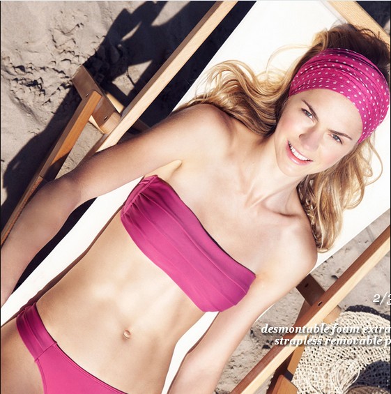 欧美订单 海滩度假温泉 玫红荷叶边抹胸款 比基尼bikini泳衣套装