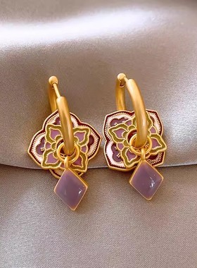 新中式紫色珐琅耳环女2025新款爆款高级感耳钉轻奢气质国风耳饰品