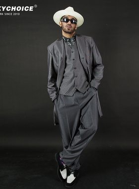 亮灰色垂感缎面街舞popping定制大西服表演出服装裤子男西装外套