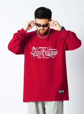 原创春款花体字印花美式嘻哈街舞滑板bboy长袖宽松T恤奇卡诺暗黑