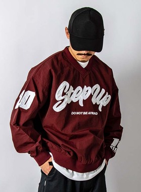 FCHOOD发财虎美式重磅刺绣字母棒球夹克V领套头长袖上衣宽松外套