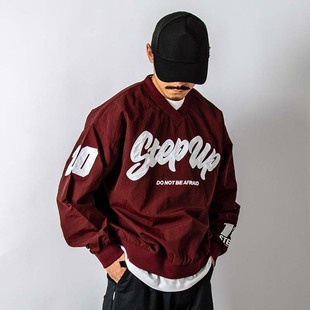 FCHOOD发财虎美式重磅刺绣字母棒球夹克V领套头长袖上衣宽松外套