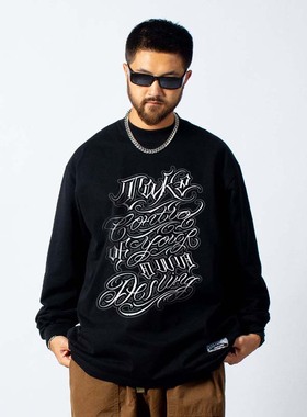 oversize街舞长袖t恤圆领纯棉欧美街头滑板BF厚实popping嘻哈bboy