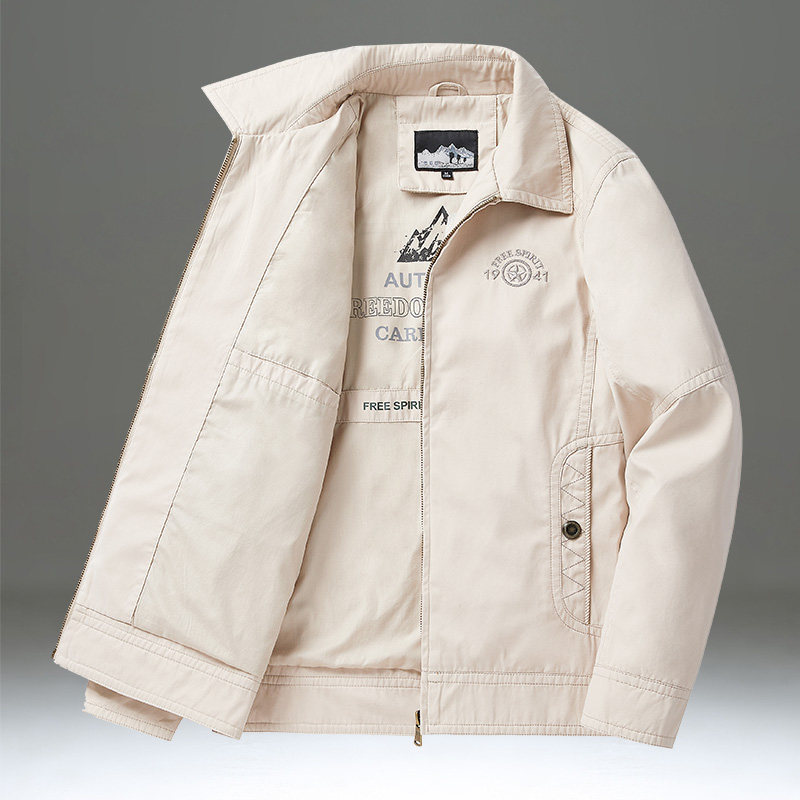 春秋男装夹克翻领宽松纯棉春装上衣中年商务休闲工装外套男茄克衫