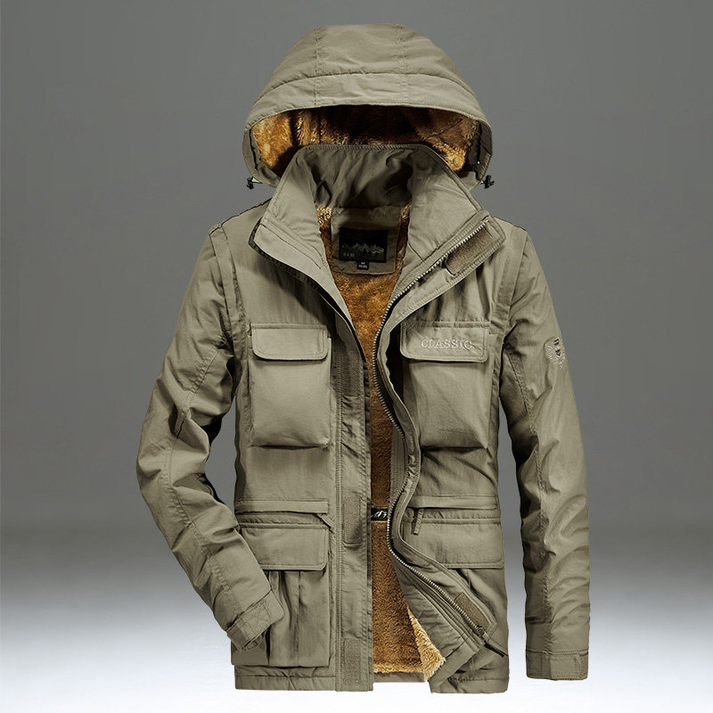 棉服男款冬季加绒加厚棉衣宽松休闲工装多袋中长款棉袄防寒冲锋衣