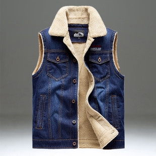 牛仔马甲男秋冬季加绒加厚背心坎肩宽松休闲多口袋羊羔绒马夹外套