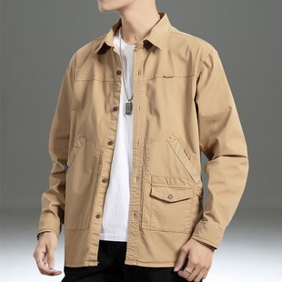 春装长袖衬衫男宽松多口袋工装衬衣休闲百搭薄款夹克外套男春秋季
