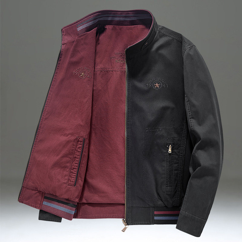 双面穿外套男2025新款春秋季纯棉立领美式休闲加肥加大码工装夹克