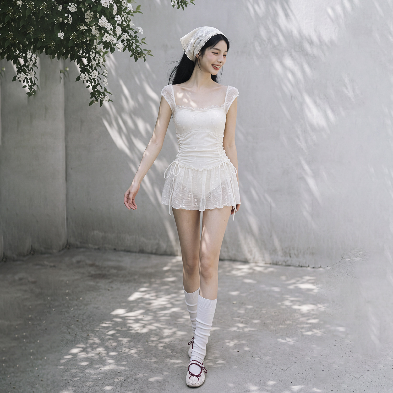 纯欲蕾丝遮肚显瘦连体泳衣女