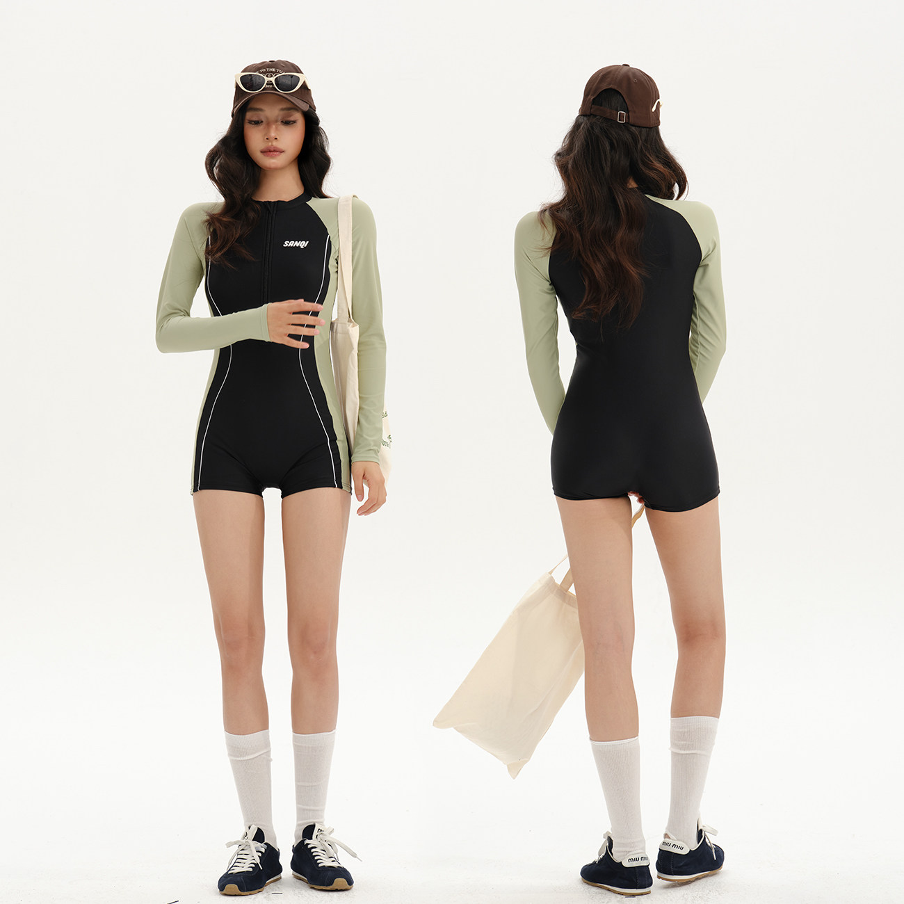 小重山-W小调长袖连体游泳衣女高级感保守显瘦运动冲浪泡温泉泳装