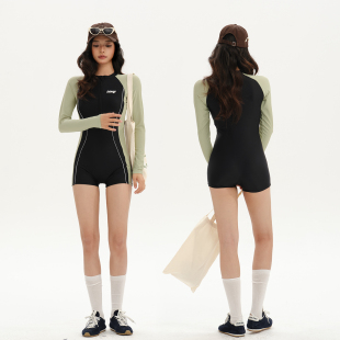 连体游泳衣女高级感保守显瘦运动冲浪泡温泉泳装 小重山 W小调长袖