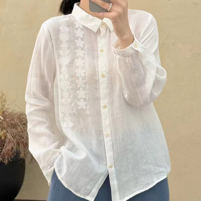 100%苎麻刺绣翻领长袖衬衫女装