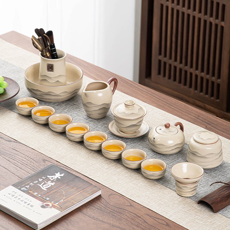 汝窑功夫茶具套装家用陶瓷泡茶壶盖碗茶杯整套轻奢高档办公室喝茶