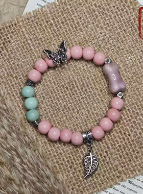 景德镇陶瓷手链银叶吊坠女款手串