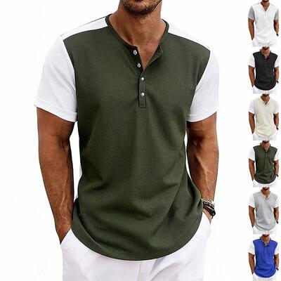 新款 跨境拼色亨利t恤夏季宽松上衣欧美大码男士短袖撞色普通