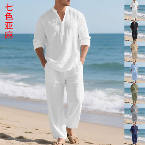 跨境独立站亚麻秋季男士宽松休闲透气V领亨利衫长袖长裤套装衬衫