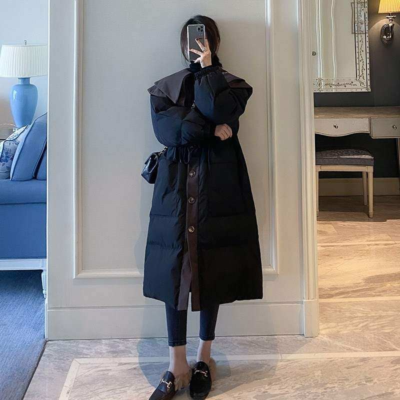 娃娃领中长款羽绒服女冬季过膝宽松收腰时尚加厚外套潮白鸭绒