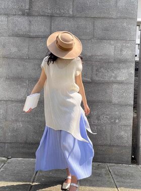 Issey Miyake/三宅一生 褶皱纯色斜压纹短袖不对称中长款T恤上衣