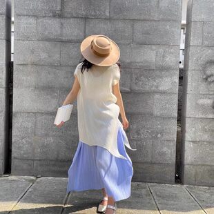 Issey Miyake/三宅一生 褶皱纯色斜压纹短袖不对称中长款T恤上衣