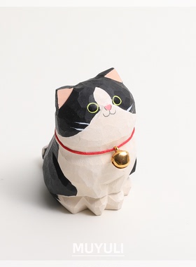 手工木雕奶牛猫摆件丨可爱猫咪办公室桌面工位稳定情绪装饰礼物