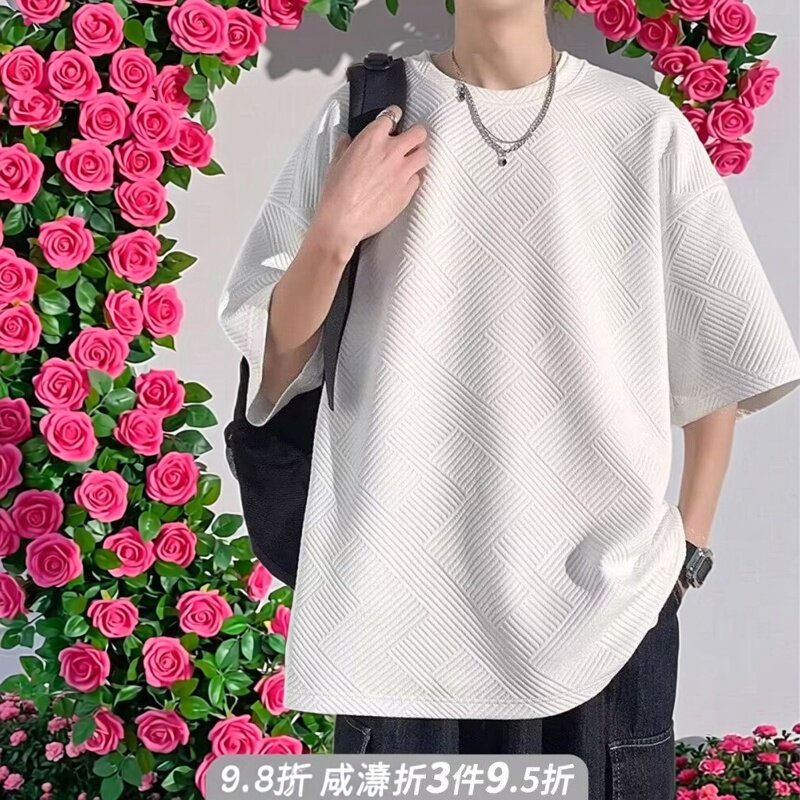 320g重磅华夫格短袖t恤男款夏季2026新款宽松大码白色长袖体恤衫