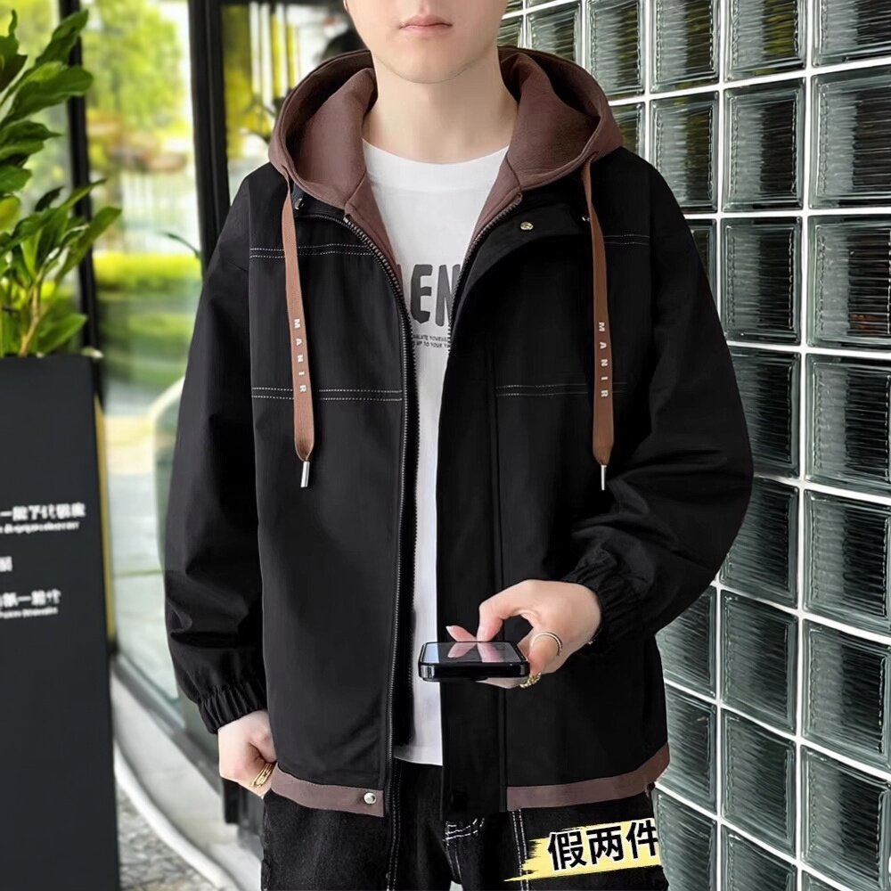 2026新款假两件外套上衣男款春秋季高级感宽松连帽男装潮夹克