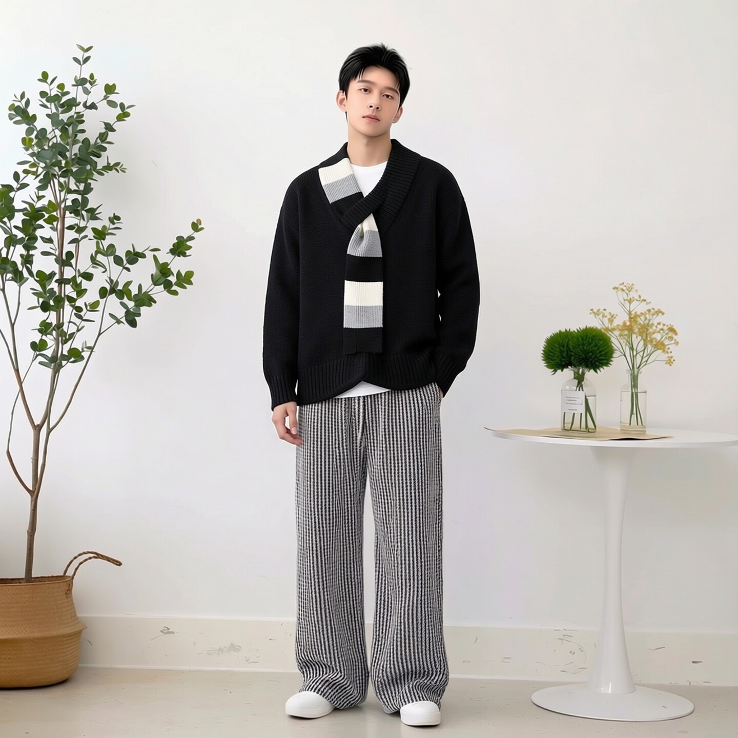 男士V领条纹加厚保暖毛衣