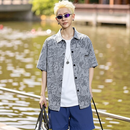 港风痞帅男士夏短袖花衬衫外套