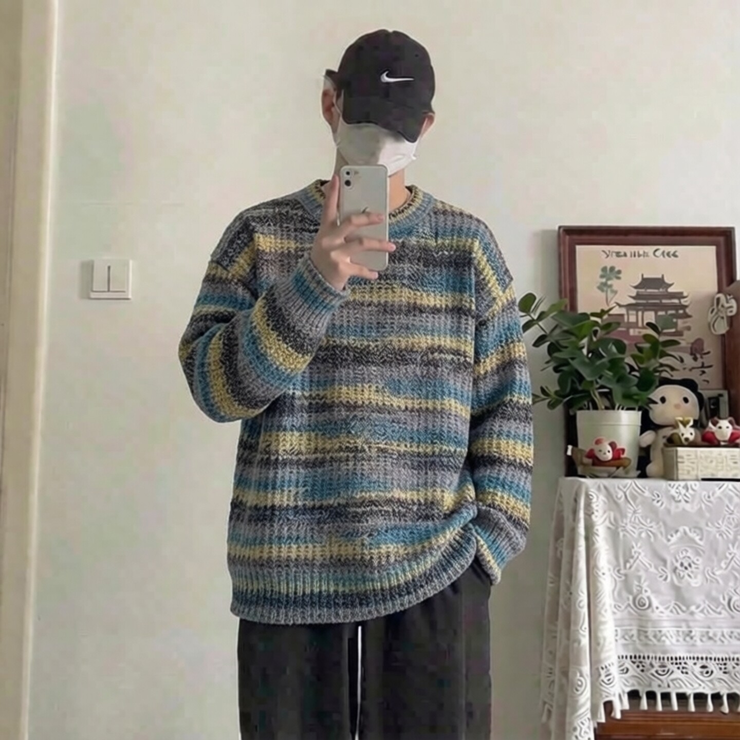 彩虹渐变撞色条纹男针织衫秋冬