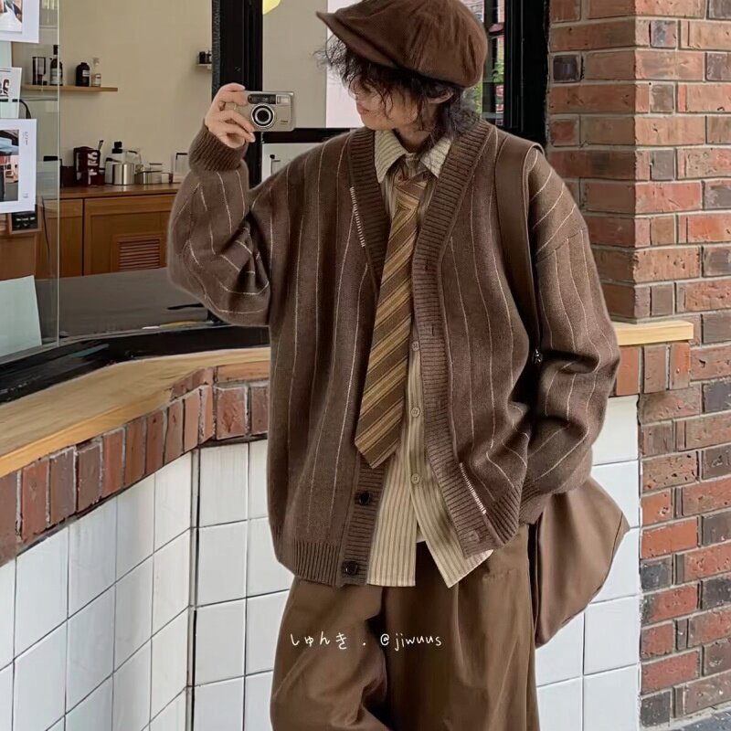港风复古中性条纹宽松开衫毛衣